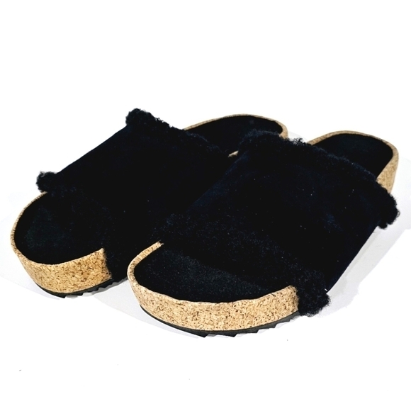 James Perse Black Suede Shearling Cork Slide Sandal Women\'s Size 6M